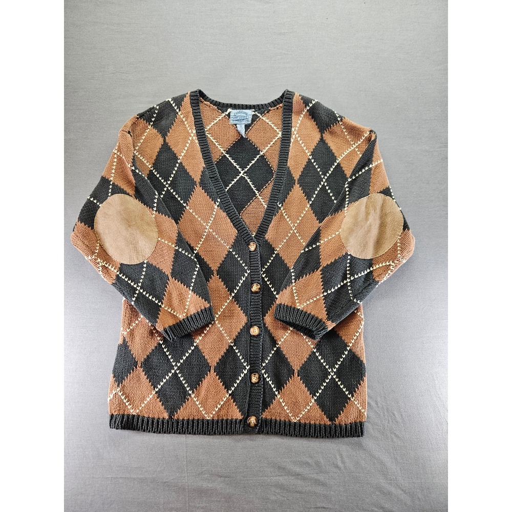 Vintage Cambridge Dry Goods Argyle Cardigan Sweater Suede Elbow Patches Mens M